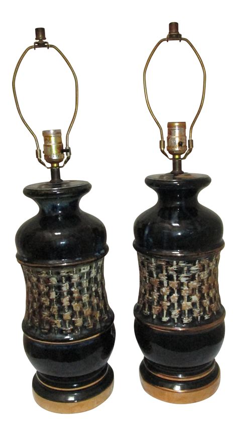 Rare Mid Century Modern Black Ceramic Drip Gold Glaze Lamps - a Pair ...