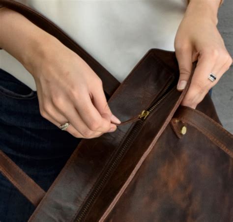 Leather tote bag brown zipper leather purse large on sale | Etsy