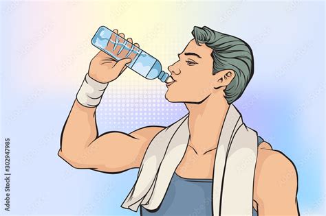 Men are drinking water from bottle.Pop art retro comic book cartoon drawing vector illustration ...