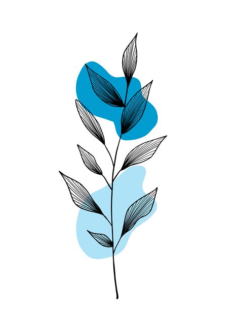 Leaves wall art. Botanical line art with blue abstract shapes. Minimalist style. Natural concept ...