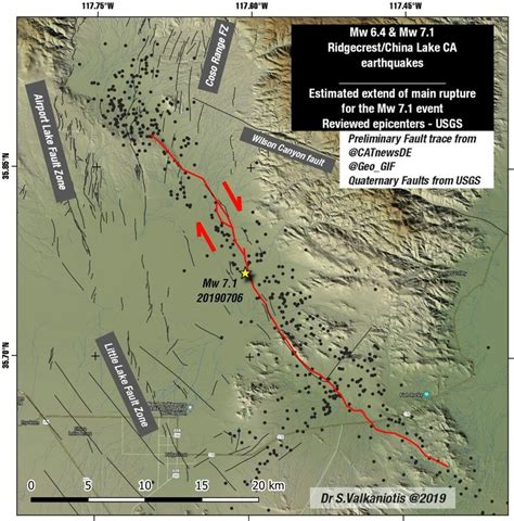 Estimated preliminary extent of the main rupture of Mw7.1 earthquake at ...