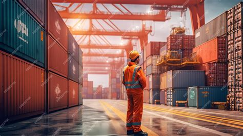 Premium AI Image | Industrial worker working in port with container ...