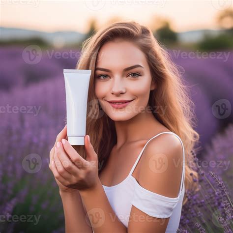 AI generated Blonde woman showing cosmetic tube mockup with lavender flower field background ...