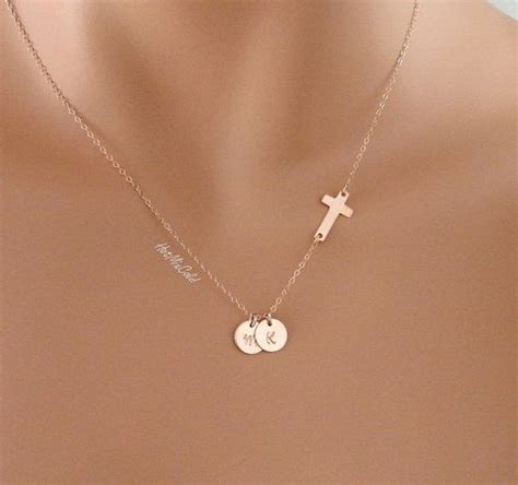 TWO Rose Gold Initials Charm and Sideways Cross Necklace Pink - Etsy ...