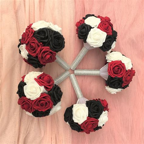 Dark Red Black White Rose Bridesmaids Bouquet, Artificial Wedding Bouquets for Bridesmaids DJ-36 ...