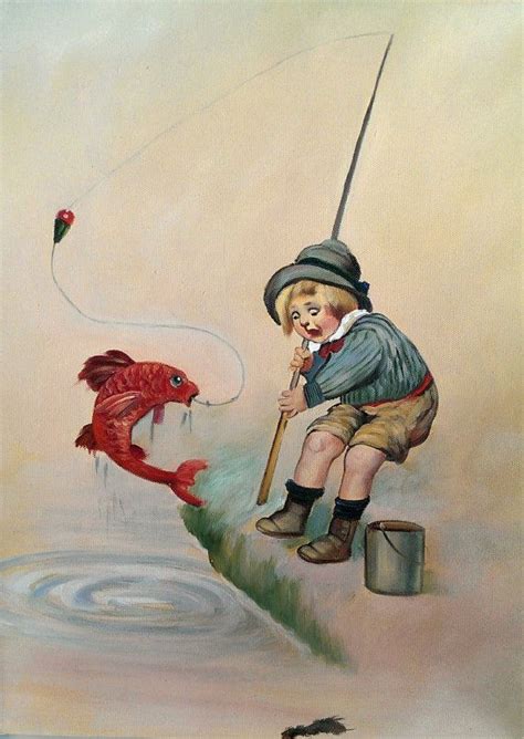 12 X 16 Whimsical Little Boy Fishing Childrens Painting by CZamore, $24.00 | Painting, Boy ...