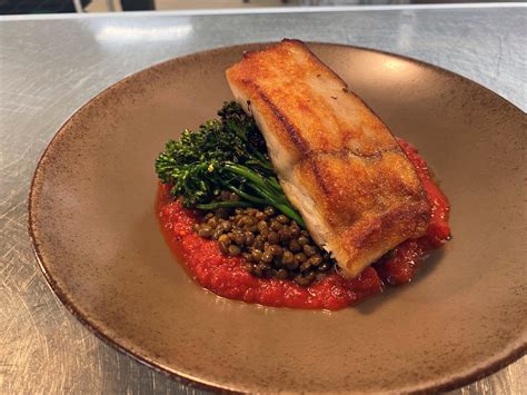 Alaskan Halibut with Curry Green Lentils, Charred Broccolini and ...