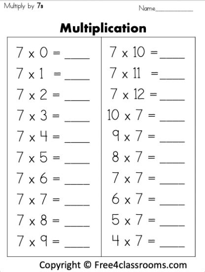 Free Multiplication Worksheet - Multiply By 7s - Free Worksheets - Free4Classrooms