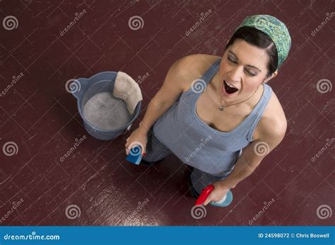 Housekeeper Tired Of Manual Labor Working On Knees Stock Photography ...