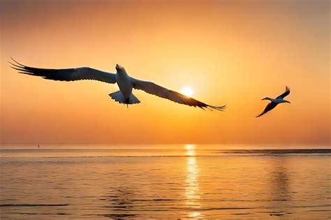 Premium AI Image | two birds flying in the sky with the sun setting.