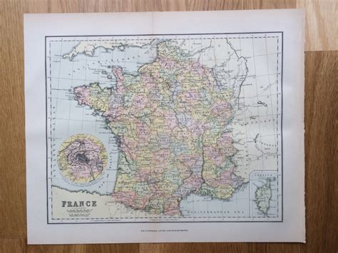 1889 FRANCE Original Antique Map, 10.5 x 12.5 inches, historical wall ...