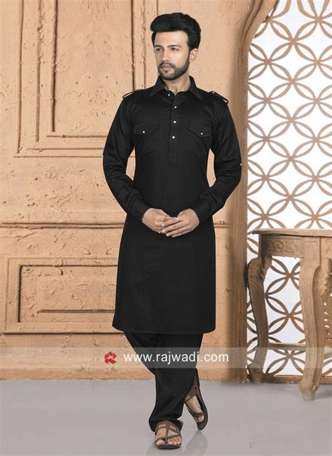 Black Cotton Silk Pathani Suit... | Boys kurta design, Mens kurta ...