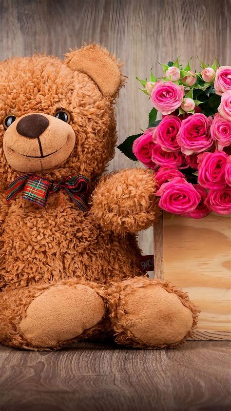 Happy Teddy Bear, teddy with flower, teddy, flower, bear, HD phone ...