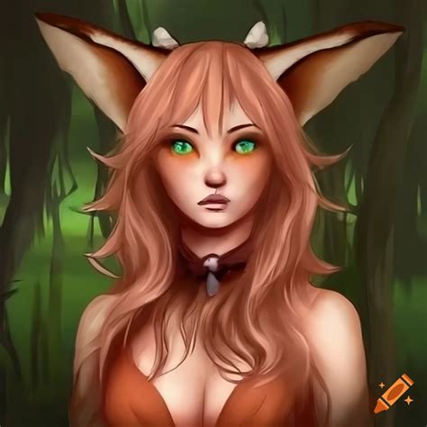 Friendly anime-style female fox-human hybrid in a fairytale forest on ...