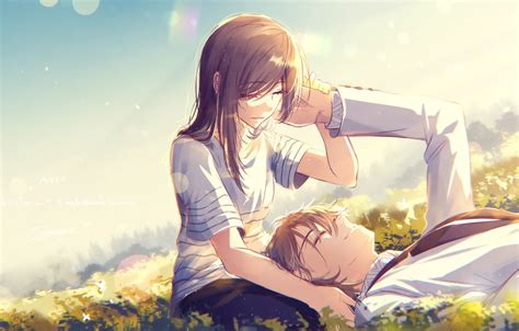 Wallpaper girl, romance, anime, meadow, art, pair, guy images for desktop, section арт - download