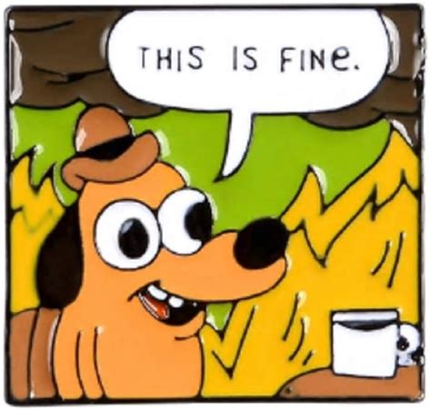 Amazon.com: Pin esmaltado con texto en inglés "This Is Fine Fire Dog Meme": Clothing