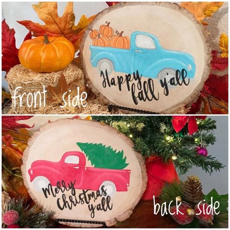 REVERSIBLE Fall Truck Decor Christmas Truck Decor Wood Slice | Etsy