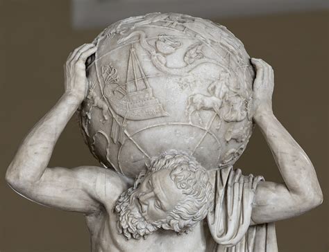 Statue of Atlas holding the celestial sphere (Farnese Atlas): a close-up. Naples, National ...