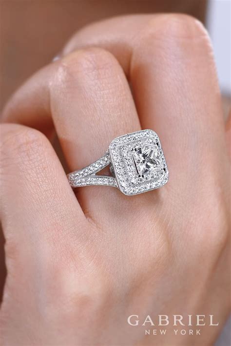 Gabriel - Vintage 14k White Gold Princess Cut Double Halo Engagement Ring. A diamond adorned ...