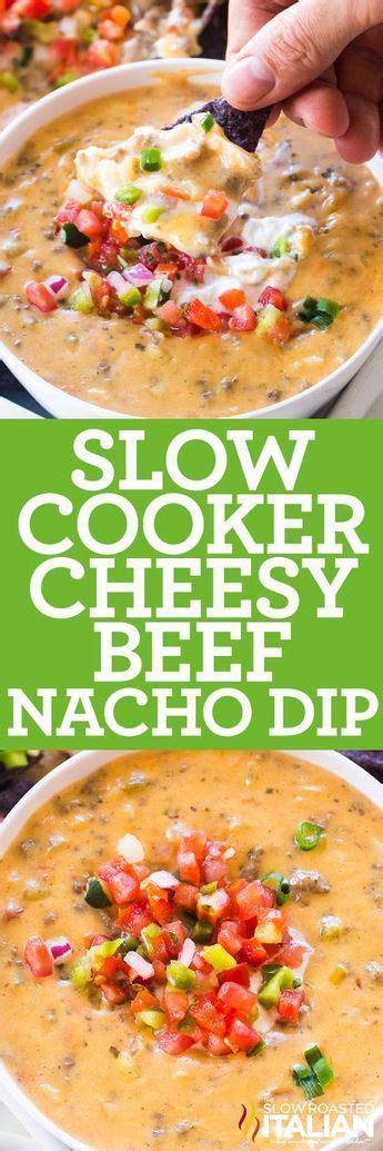 Slow Cooker Nacho Dip recipe is luxuriously creamy and cheesy, loaded with perfectly browned ...