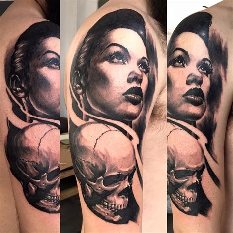 black and grey realistic portrait and skull tattoo by SKERYONE Tattoo Artists, Portrait Tattoo ...