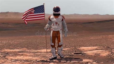 Astronaut Walking on Mars with American Flag. Exploring Mission To Mars Red Planet Stock Video ...