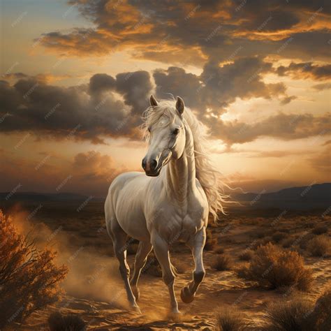 Premium AI Image | there is a white horse running in the desert at sunset generative ai