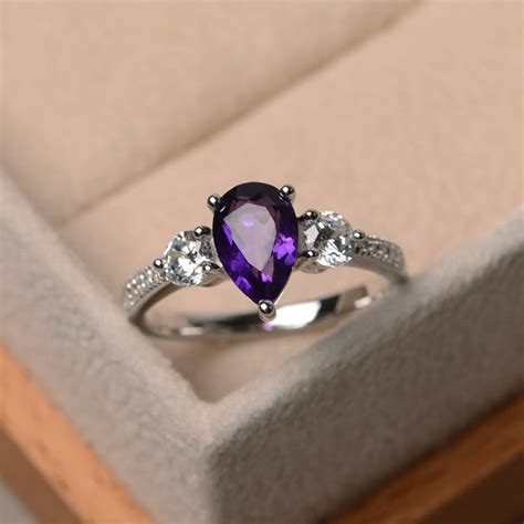 February Birthstone Ring, Natural Amethyst Ring, Engagement Ring, Pear ...