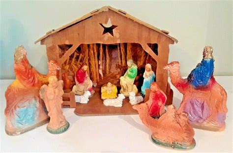 Vintage Nativity Set Cardboard Manger 12 Plaster Figures Creche | #3765655556