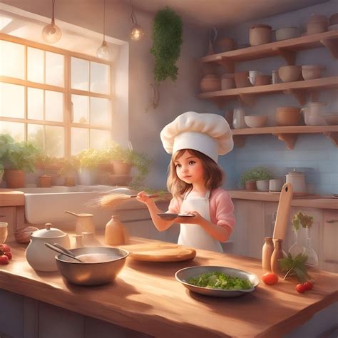 Premium AI Image | Little girl in chef hat cooking in the kitchen at home Cooking concept