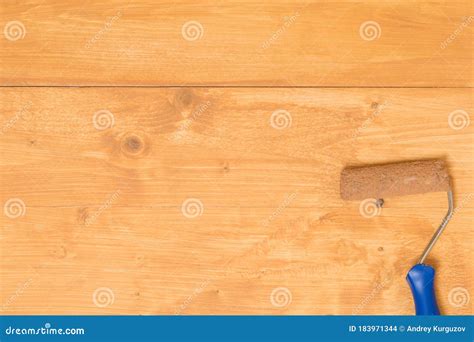 Dark Wooden Varnished Surface with a Roller in the Corner, Background Stock Photo - Image of ...