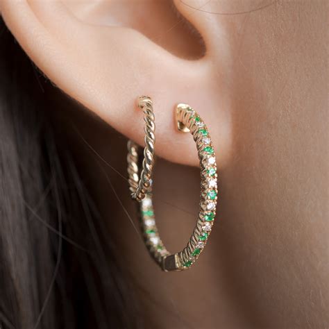 1 Carat Diamond In And Out Hoop Earring With Emerald In 14K Yellow Gold | Fascinating Diamonds