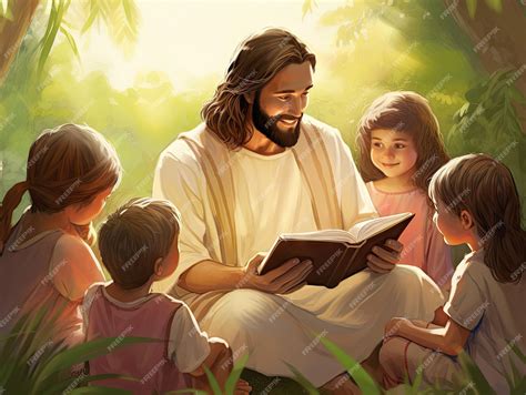 Hermosa escena de Jesús enseñando a los niños leyendo la Biblia ...