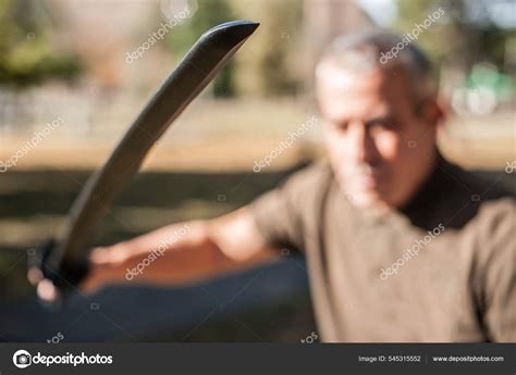 Instructor Demonstrates Katana Sword Fighting Techniques Training Methods Public Park Stock ...