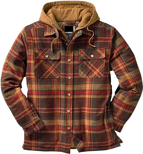 Mens Warm Drawstring Hooded Quilted Lined Flannel Shirt Jacket, Long Sleeve Plaid Button Up ...