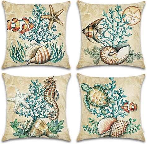 Amazon.com: Coastal Decor Nautical Theme Throw Pillow Covers 18x18 Ocean Sea Decorative ...