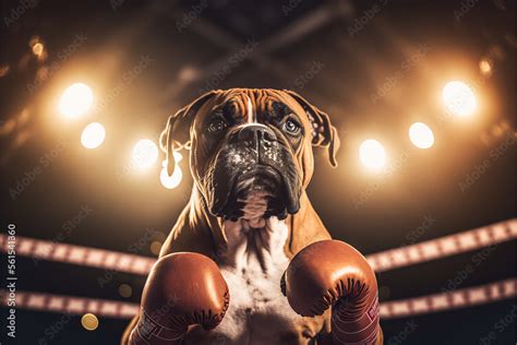 ภาพประกอบสต็อก dog boxer in boxing gloves in the ring, realistic illustration of a dog sportsman ...