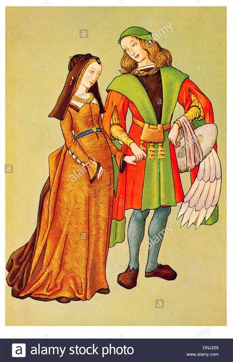 english-man-and-woman-in-outdoor-clothes-late-15th-century | Fotografía de stock, Siglo xv, Ropa ...