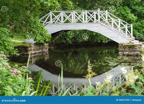 Small Pond and Decorative White Wooden Bridge Stock Photo - Image of scenic, green: 56631952