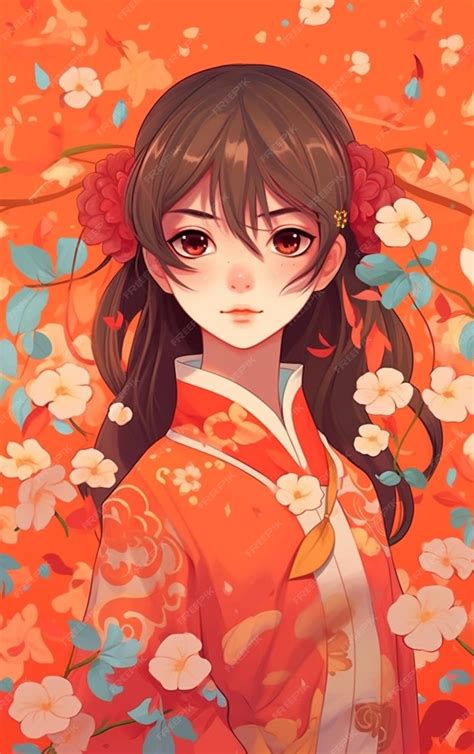 Premium Photo | Anime girl in kimono outfit with flowers in her hair generative ai