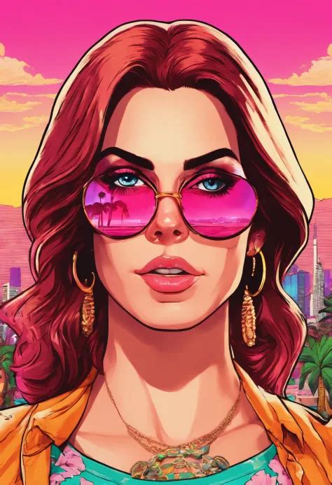Lana Del Rey, GTA Vice City, GTA 5 cover art, Borderlands style, Transparent shadows - SeaArt AI