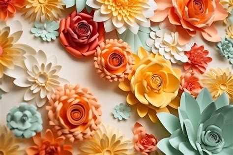 Premium AI Image | 3d floral craft wallpaper orange rose green and ...