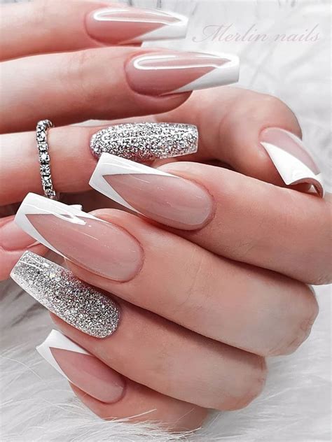 Cute white modern v French tip coffin nails with silver glitter accent ...