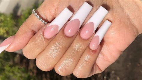 Long Tapered Square Pink And White French Tip Acrylic Nail - YouTube