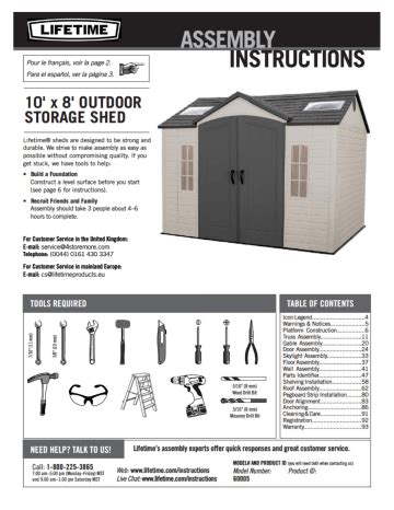 Lifetime 60005 10 ft. x 8 ft. Outdoor Garden Shed Instructions / Assembly | Manualzz