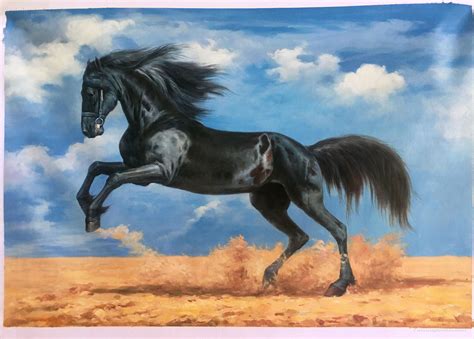 Galloping Black Horse on the Plains - Horses - Animals Paintings