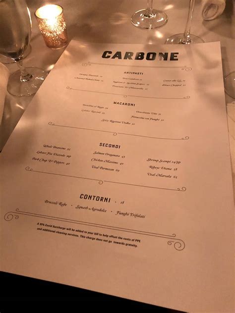 Menu at Carbone New York restaurant, New York City, 181 Thompson St