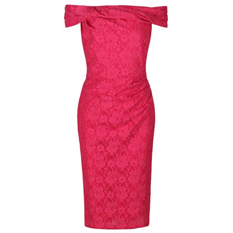 Cerise Pink Lace Bardot Wiggle Pencil Dress - Pretty Kitty Fashion