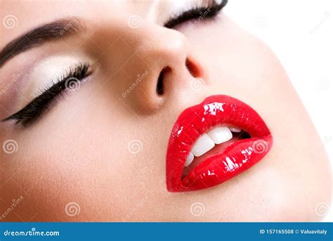 Closeup Beautiful Female Lips with Red Lipstick Stock Photo - Image of ...