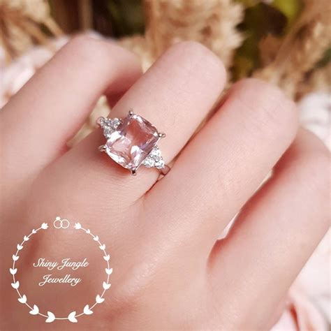 Cushion cut Morganite ring, Morganite engagement ring, three stone Morganite ring, white gold ...